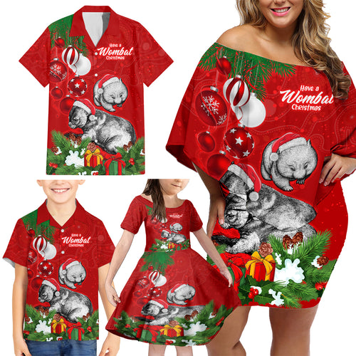personalised-wombat-lover-family-matching-off-shoulder-short-dress-and-hawaiian-shirt-australia-merry-christmas-aboriginal