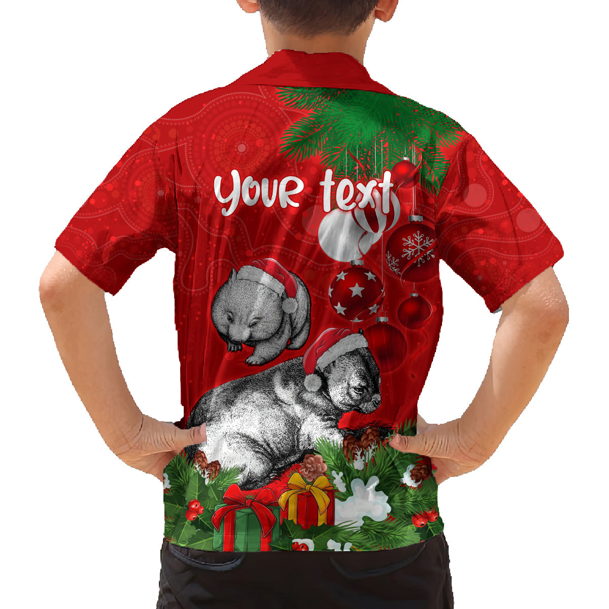 personalised-wombat-lover-family-matching-off-shoulder-short-dress-and-hawaiian-shirt-australia-merry-christmas-aboriginal
