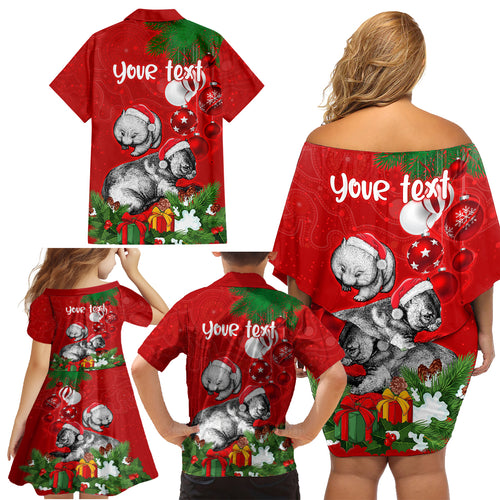personalised-wombat-lover-family-matching-off-shoulder-short-dress-and-hawaiian-shirt-australia-merry-christmas-aboriginal