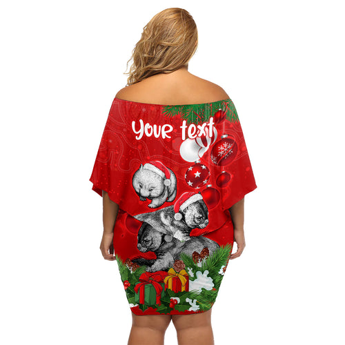 personalised-wombat-lover-family-matching-off-shoulder-short-dress-and-hawaiian-shirt-australia-merry-christmas-aboriginal