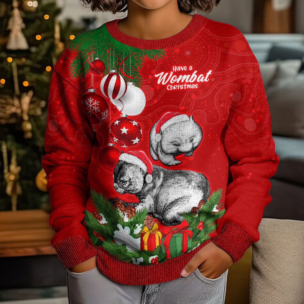 personalised-wombat-lover-kid-ugly-christmas-sweater-australia-merry-christmas-aboriginal