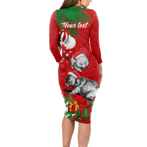 personalised-wombat-lover-long-sleeve-bodycon-dress-australia-merry-christmas-aboriginal