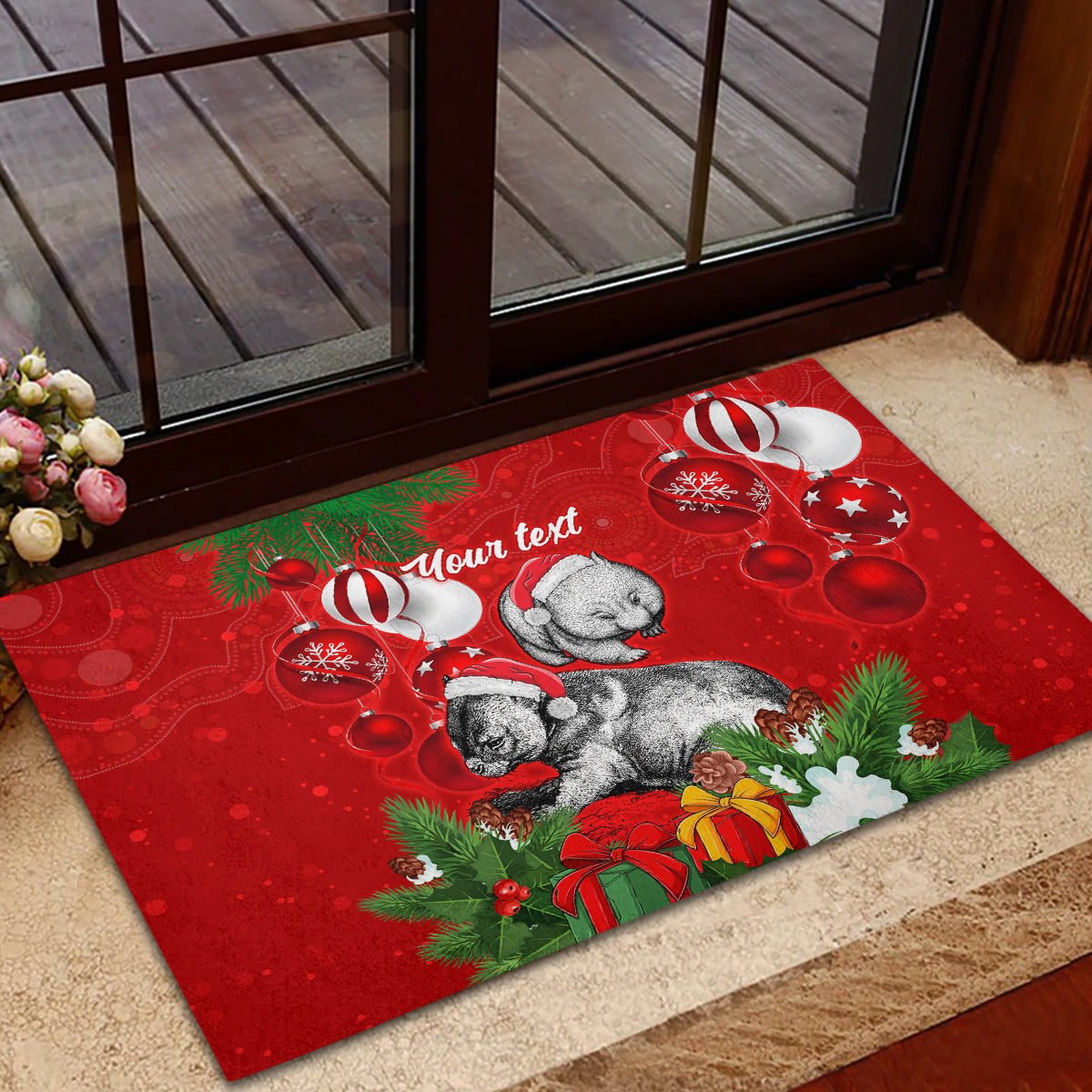 personalised-wombat-lover-rubber-doormat-australia-merry-christmas-aboriginal