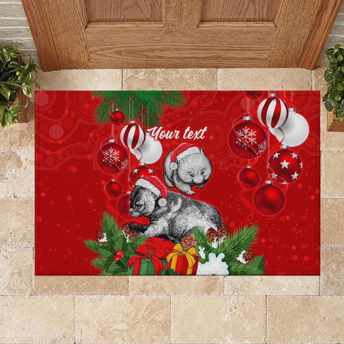 personalised-wombat-lover-rubber-doormat-australia-merry-christmas-aboriginal