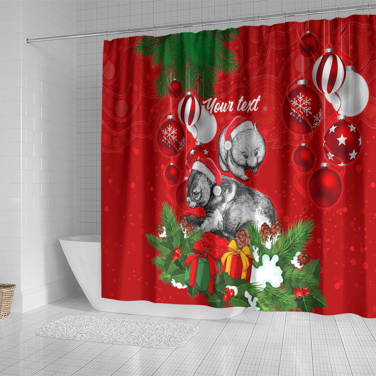 personalised-wombat-lover-shower-curtain-australia-merry-christmas-aboriginal