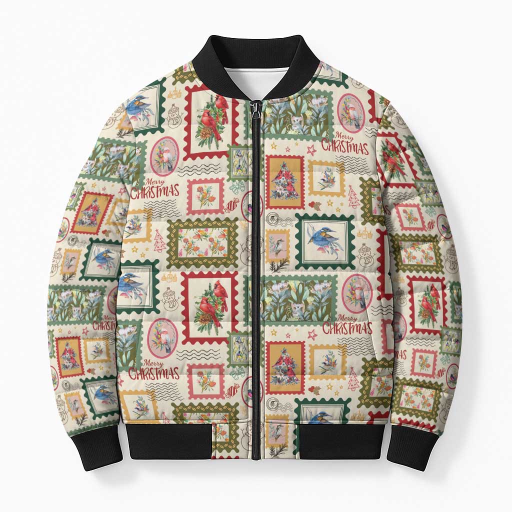 Aussie Birds Christmas La La Land Bomber Puffer Jacket Beige Vintage Stamp Edition - Aussie Hoodie