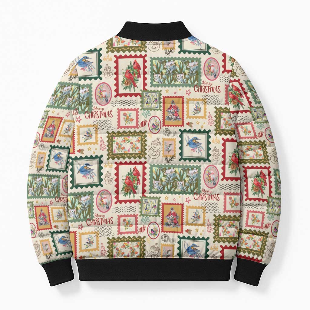 Aussie Birds Christmas La La Land Bomber Puffer Jacket Beige Vintage Stamp Edition - Aussie Hoodie