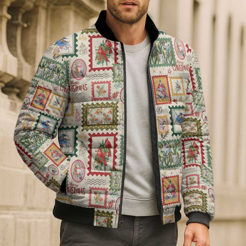 Aussie Birds Christmas La La Land Bomber Puffer Jacket Beige Vintage Stamp Edition - Aussie Hoodie