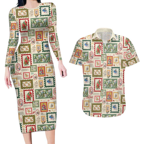 Aussie Birds Christmas La La Land Couples Matching Long Sleeve Bodycon Dress and Hawaiian Shirt Beige Vintage Stamp Edition - Aussie Hoodie
