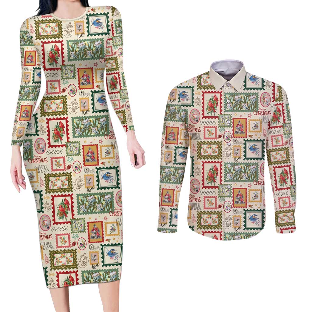 Aussie Birds Christmas La La Land Couples Matching Long Sleeve Bodycon Dress and Long Sleeve Button Shirt Beige Vintage Stamp Edition - Aussie Hoodie