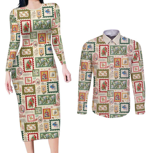 Aussie Birds Christmas La La Land Couples Matching Long Sleeve Bodycon Dress and Long Sleeve Button Shirt Beige Vintage Stamp Edition - Aussie Hoodie
