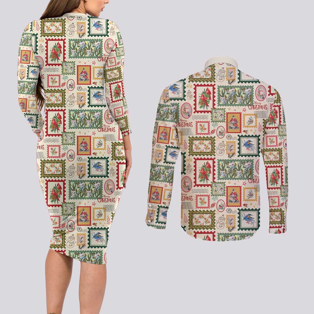 Aussie Birds Christmas La La Land Couples Matching Long Sleeve Bodycon Dress and Long Sleeve Button Shirt Beige Vintage Stamp Edition - Aussie Hoodie