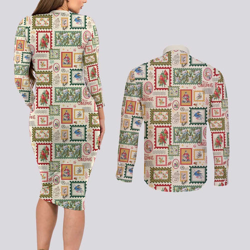 Aussie Birds Christmas La La Land Couples Matching Long Sleeve Bodycon Dress and Long Sleeve Button Shirt Beige Vintage Stamp Edition - Aussie Hoodie
