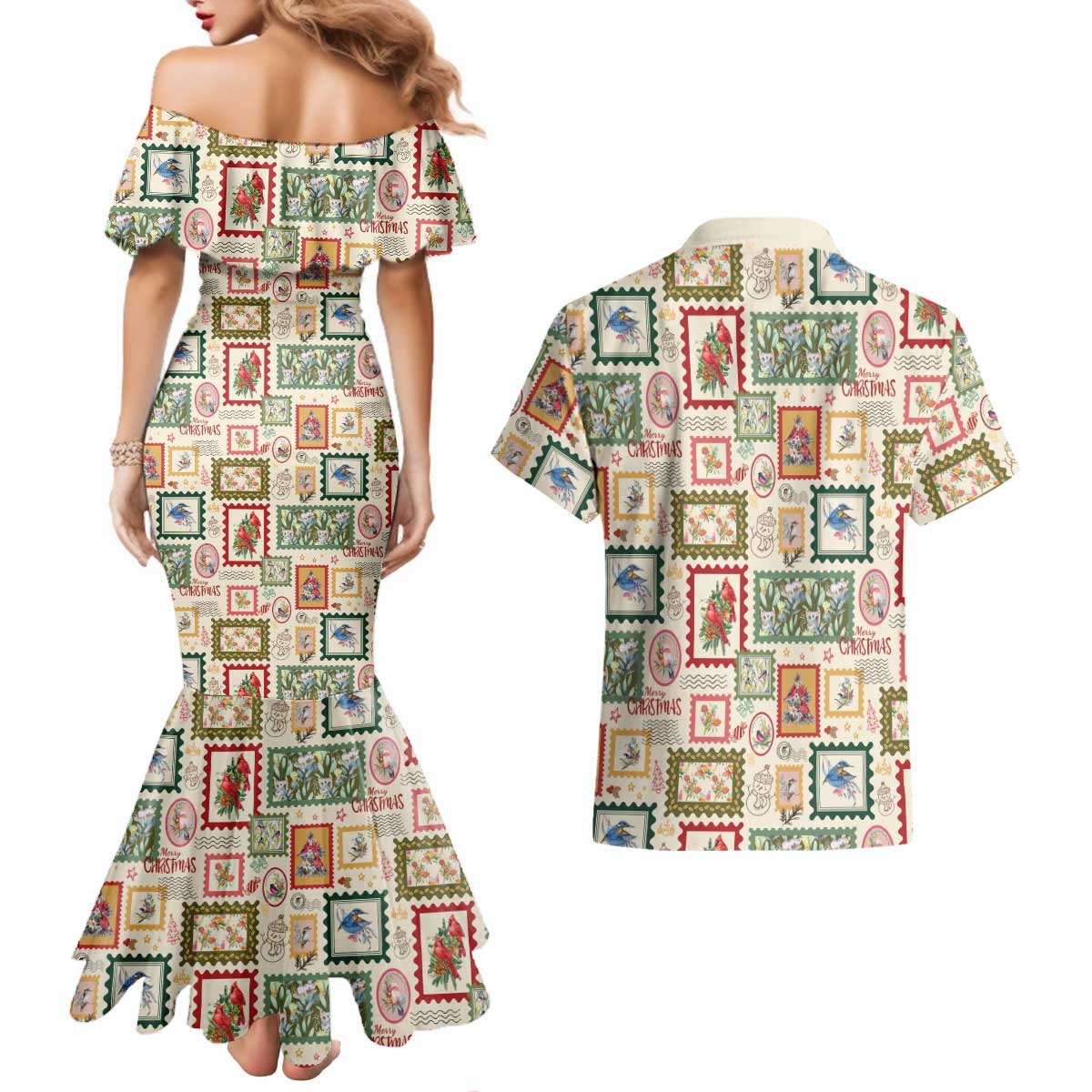 Aussie Birds Christmas La La Land Couples Matching Mermaid Dress and Hawaiian Shirt Beige Vintage Stamp Edition - Aussie Hoodie