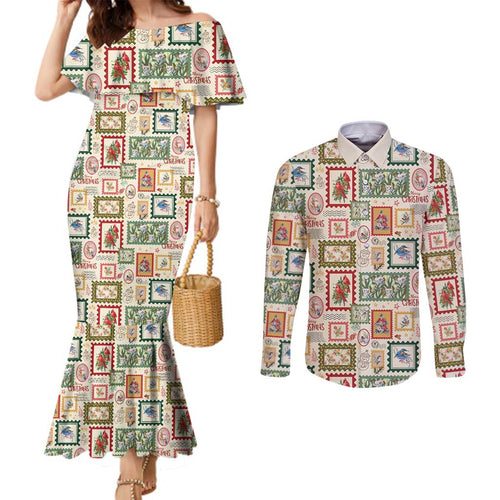 Aussie Birds Christmas La La Land Couples Matching Mermaid Dress and Long Sleeve Button Shirt Beige Vintage Stamp Edition - Aussie Hoodie