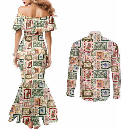 Aussie Birds Christmas La La Land Couples Matching Mermaid Dress and Long Sleeve Button Shirt Beige Vintage Stamp Edition - Aussie Hoodie