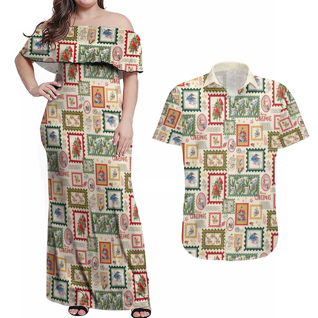 Aussie Birds Christmas La La Land Couples Matching Off Shoulder Maxi Dress and Hawaiian Shirt Beige Vintage Stamp Edition - Aussie Hoodie