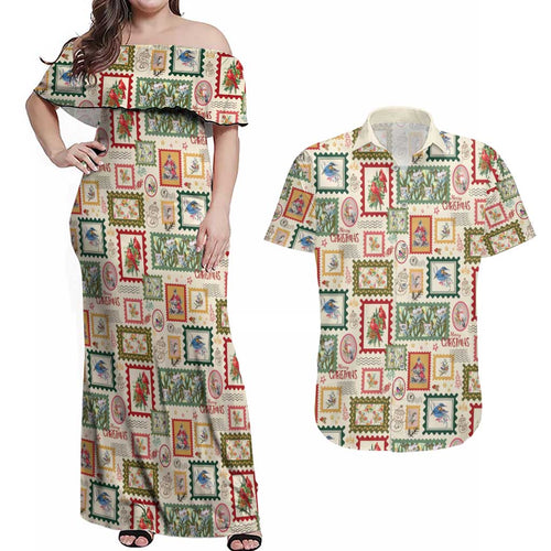Aussie Birds Christmas La La Land Couples Matching Off Shoulder Maxi Dress and Hawaiian Shirt Beige Vintage Stamp Edition - Aussie Hoodie