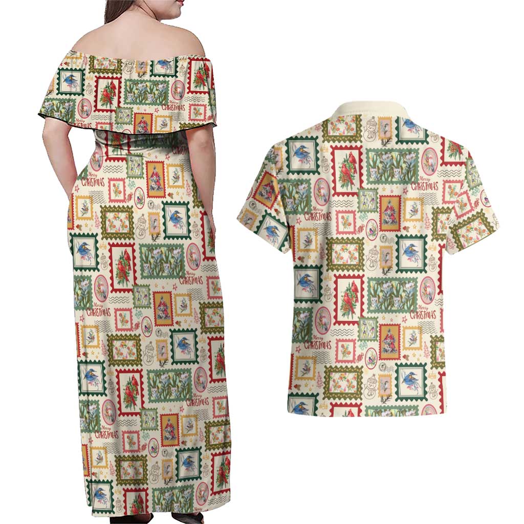 Aussie Birds Christmas La La Land Couples Matching Off Shoulder Maxi Dress and Hawaiian Shirt Beige Vintage Stamp Edition - Aussie Hoodie