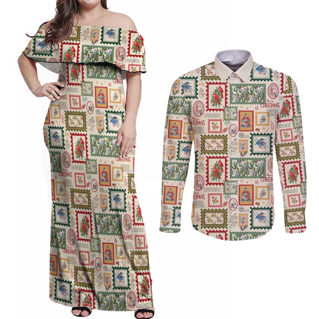 Aussie Birds Christmas La La Land Couples Matching Off Shoulder Maxi Dress and Long Sleeve Button Shirt Beige Vintage Stamp Edition - Aussie Hoodie