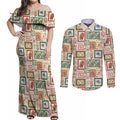 Aussie Birds Christmas La La Land Couples Matching Off Shoulder Maxi Dress and Long Sleeve Button Shirt Beige Vintage Stamp Edition - Aussie Hoodie