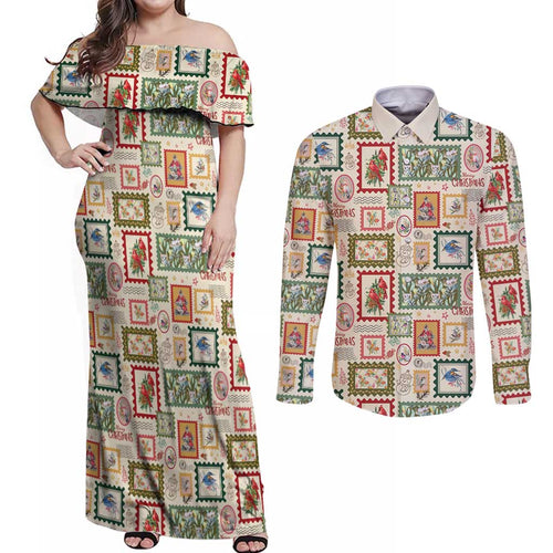 Aussie Birds Christmas La La Land Couples Matching Off Shoulder Maxi Dress and Long Sleeve Button Shirt Beige Vintage Stamp Edition - Aussie Hoodie