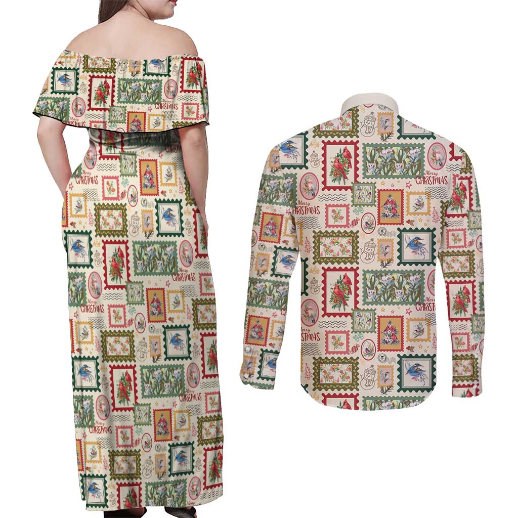 Aussie Birds Christmas La La Land Couples Matching Off Shoulder Maxi Dress and Long Sleeve Button Shirt Beige Vintage Stamp Edition - Aussie Hoodie