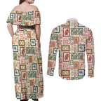 Aussie Birds Christmas La La Land Couples Matching Off Shoulder Maxi Dress and Long Sleeve Button Shirt Beige Vintage Stamp Edition - Aussie Hoodie
