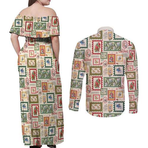 Aussie Birds Christmas La La Land Couples Matching Off Shoulder Maxi Dress and Long Sleeve Button Shirt Beige Vintage Stamp Edition - Aussie Hoodie