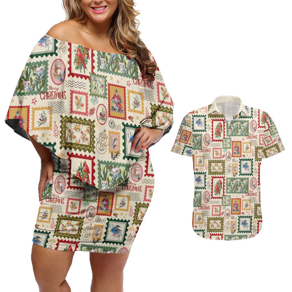 Aussie Birds Christmas La La Land Couples Matching Off Shoulder Short Dress and Hawaiian Shirt Beige Vintage Stamp Edition - Aussie Hoodie
