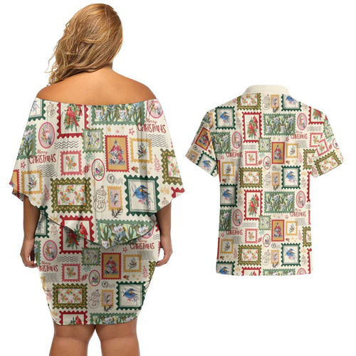 Aussie Birds Christmas La La Land Couples Matching Off Shoulder Short Dress and Hawaiian Shirt Beige Vintage Stamp Edition - Aussie Hoodie