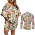Aussie Birds Christmas La La Land Couples Matching Off Shoulder Short Dress and Long Sleeve Button Shirt Beige Vintage Stamp Edition - Aussie Hoodie