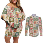 Aussie Birds Christmas La La Land Couples Matching Off Shoulder Short Dress and Long Sleeve Button Shirt Beige Vintage Stamp Edition - Aussie Hoodie