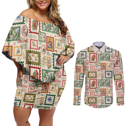 Aussie Birds Christmas La La Land Couples Matching Off Shoulder Short Dress and Long Sleeve Button Shirt Beige Vintage Stamp Edition - Aussie Hoodie