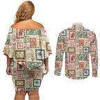 Aussie Birds Christmas La La Land Couples Matching Off Shoulder Short Dress and Long Sleeve Button Shirt Beige Vintage Stamp Edition - Aussie Hoodie