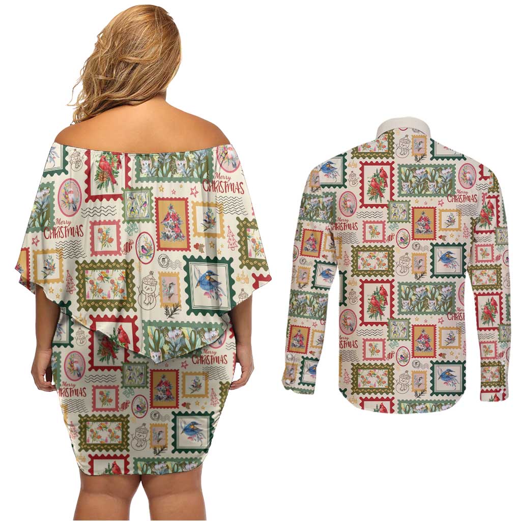 Aussie Birds Christmas La La Land Couples Matching Off Shoulder Short Dress and Long Sleeve Button Shirt Beige Vintage Stamp Edition - Aussie Hoodie