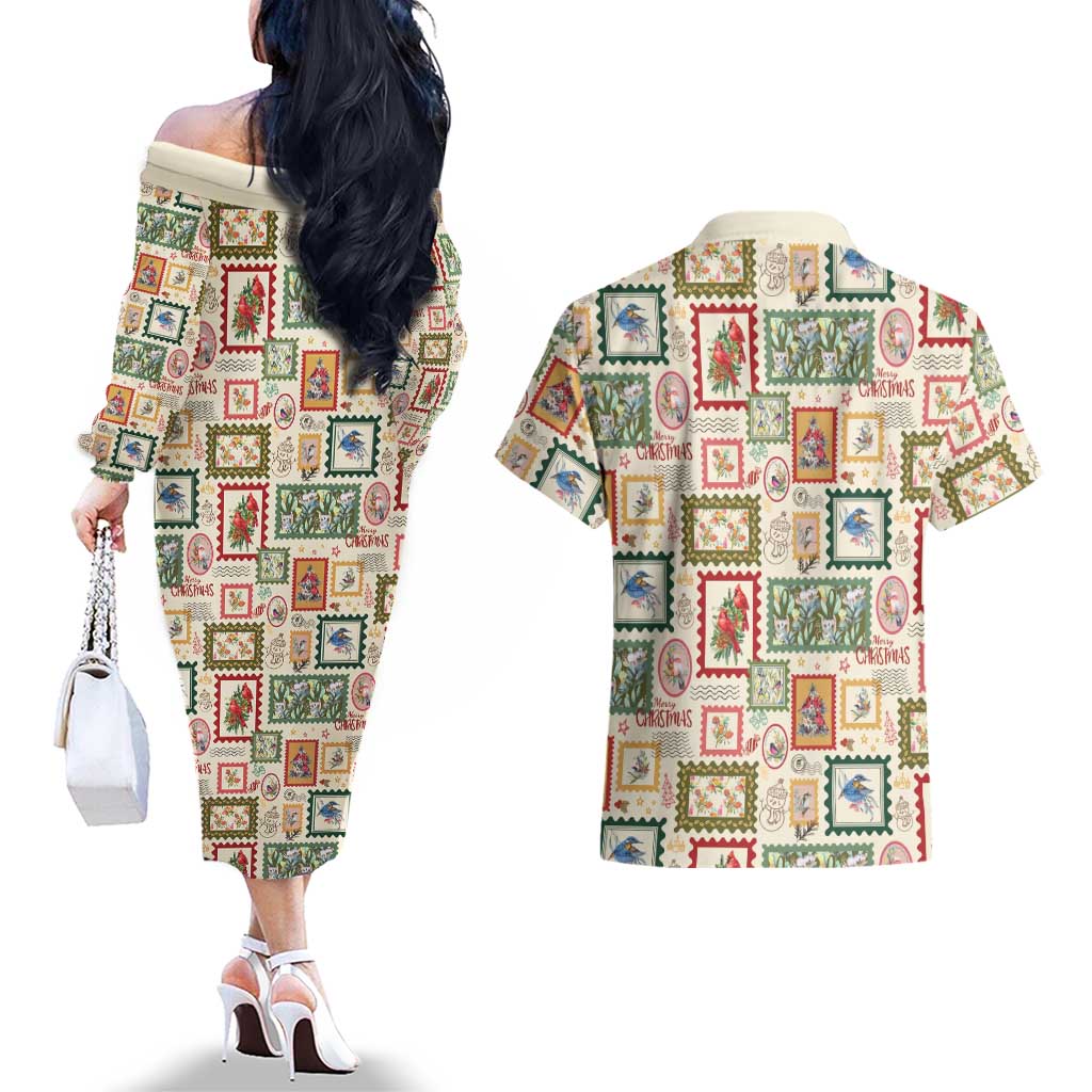 Aussie Birds Christmas La La Land Couples Matching Off The Shoulder Long Sleeve Dress and Hawaiian Shirt Beige Vintage Stamp Edition - Aussie Hoodie