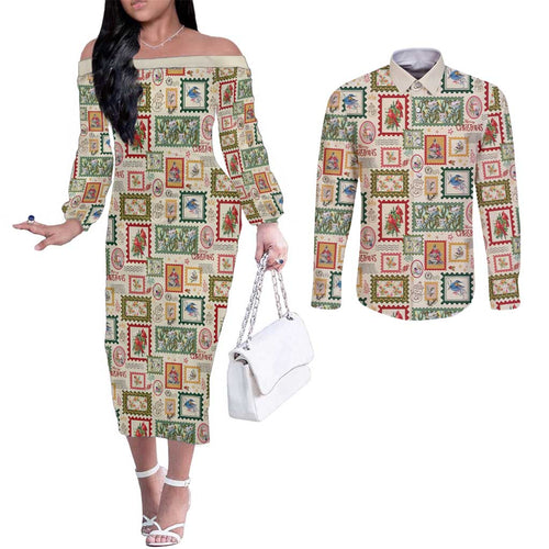 Aussie Birds Christmas La La Land Couples Matching Off The Shoulder Long Sleeve Dress and Long Sleeve Button Shirt Beige Vintage Stamp Edition - Aussie Hoodie