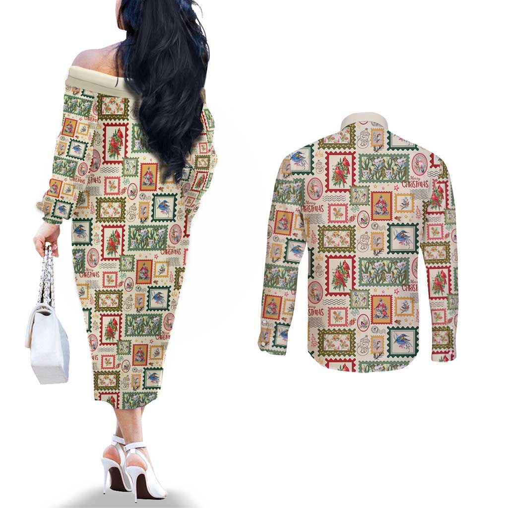 Aussie Birds Christmas La La Land Couples Matching Off The Shoulder Long Sleeve Dress and Long Sleeve Button Shirt Beige Vintage Stamp Edition - Aussie Hoodie