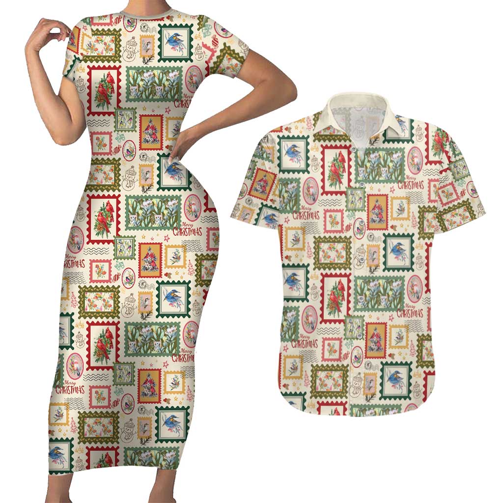 Aussie Birds Christmas La La Land Couples Matching Short Sleeve Bodycon Dress and Hawaiian Shirt Beige Vintage Stamp Edition - Aussie Hoodie