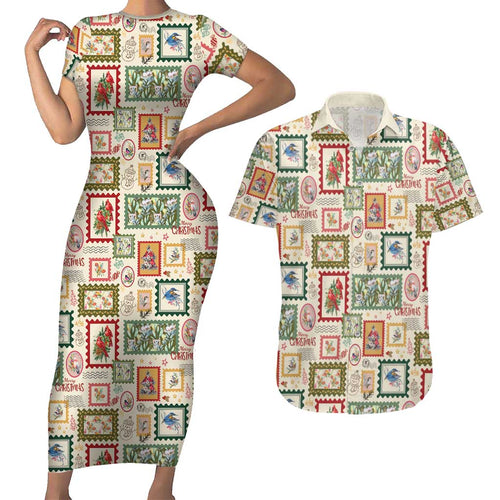 Aussie Birds Christmas La La Land Couples Matching Short Sleeve Bodycon Dress and Hawaiian Shirt Beige Vintage Stamp Edition - Aussie Hoodie