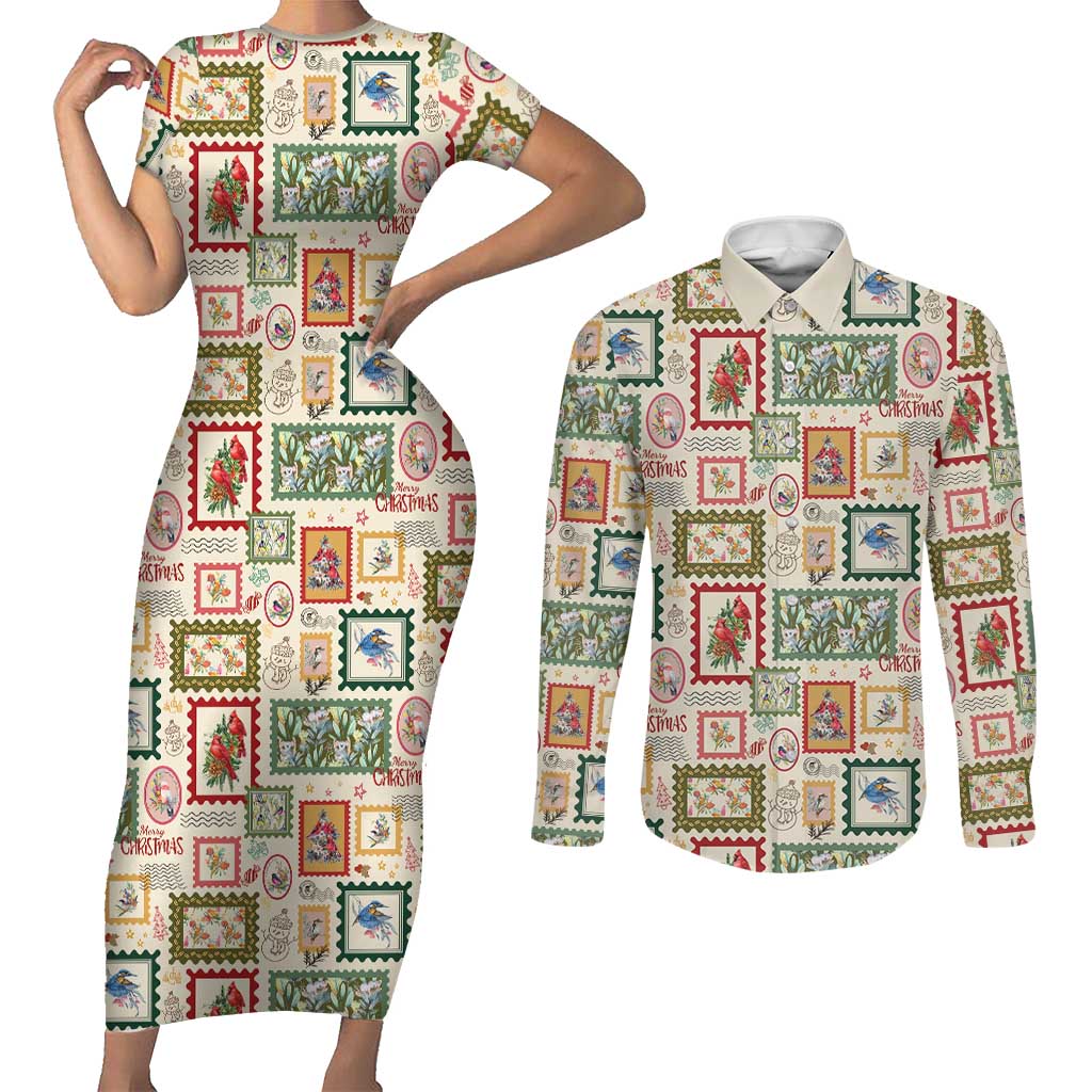 Aussie Birds Christmas La La Land Couples Matching Short Sleeve Bodycon Dress and Long Sleeve Button Shirt Beige Vintage Stamp Edition - Aussie Hoodie