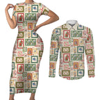 Aussie Birds Christmas La La Land Couples Matching Short Sleeve Bodycon Dress and Long Sleeve Button Shirt Beige Vintage Stamp Edition - Aussie Hoodie