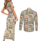 Aussie Birds Christmas La La Land Couples Matching Short Sleeve Bodycon Dress and Long Sleeve Button Shirt Beige Vintage Stamp Edition - Aussie Hoodie