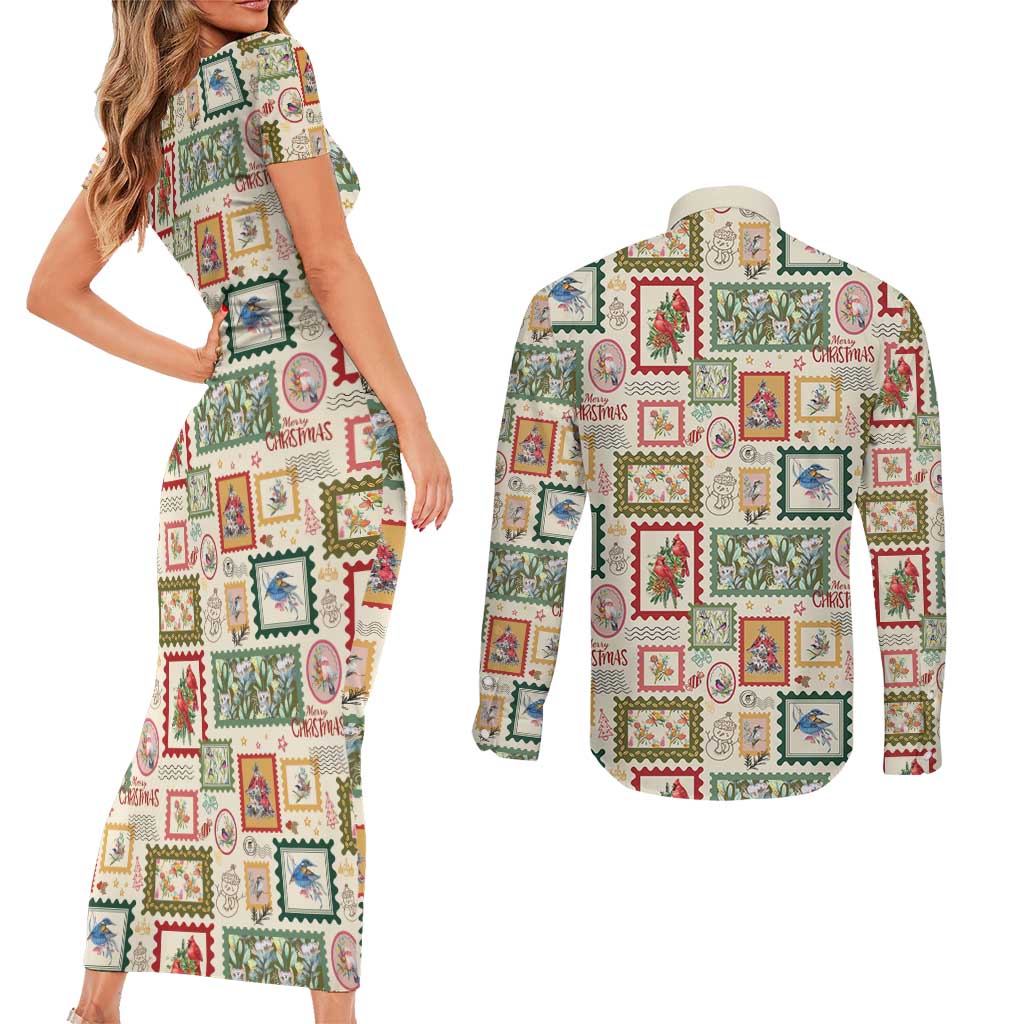 Aussie Birds Christmas La La Land Couples Matching Short Sleeve Bodycon Dress and Long Sleeve Button Shirt Beige Vintage Stamp Edition - Aussie Hoodie