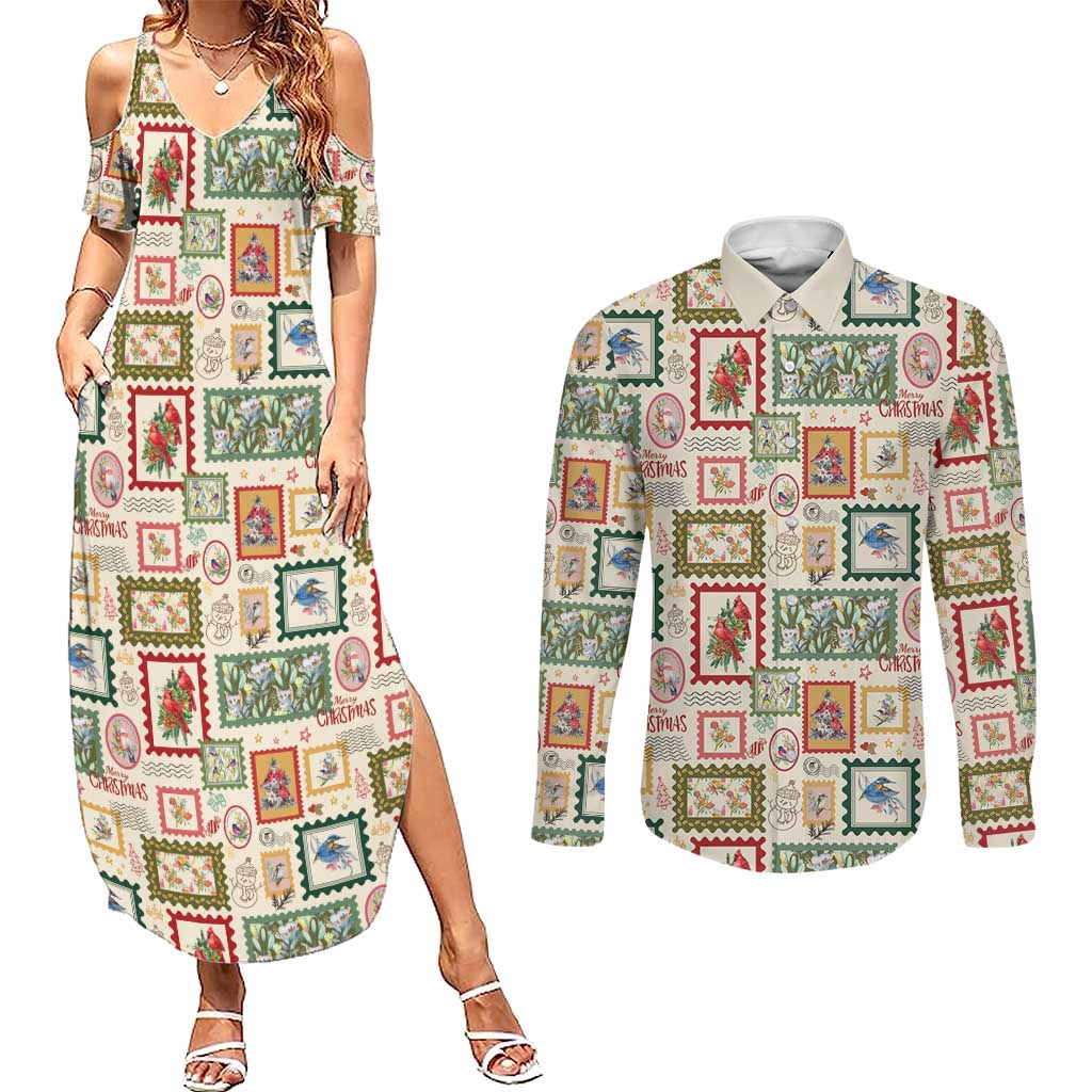 Aussie Birds Christmas La La Land Couples Matching Summer Maxi Dress and Long Sleeve Button Shirt Beige Vintage Stamp Edition - Aussie Hoodie