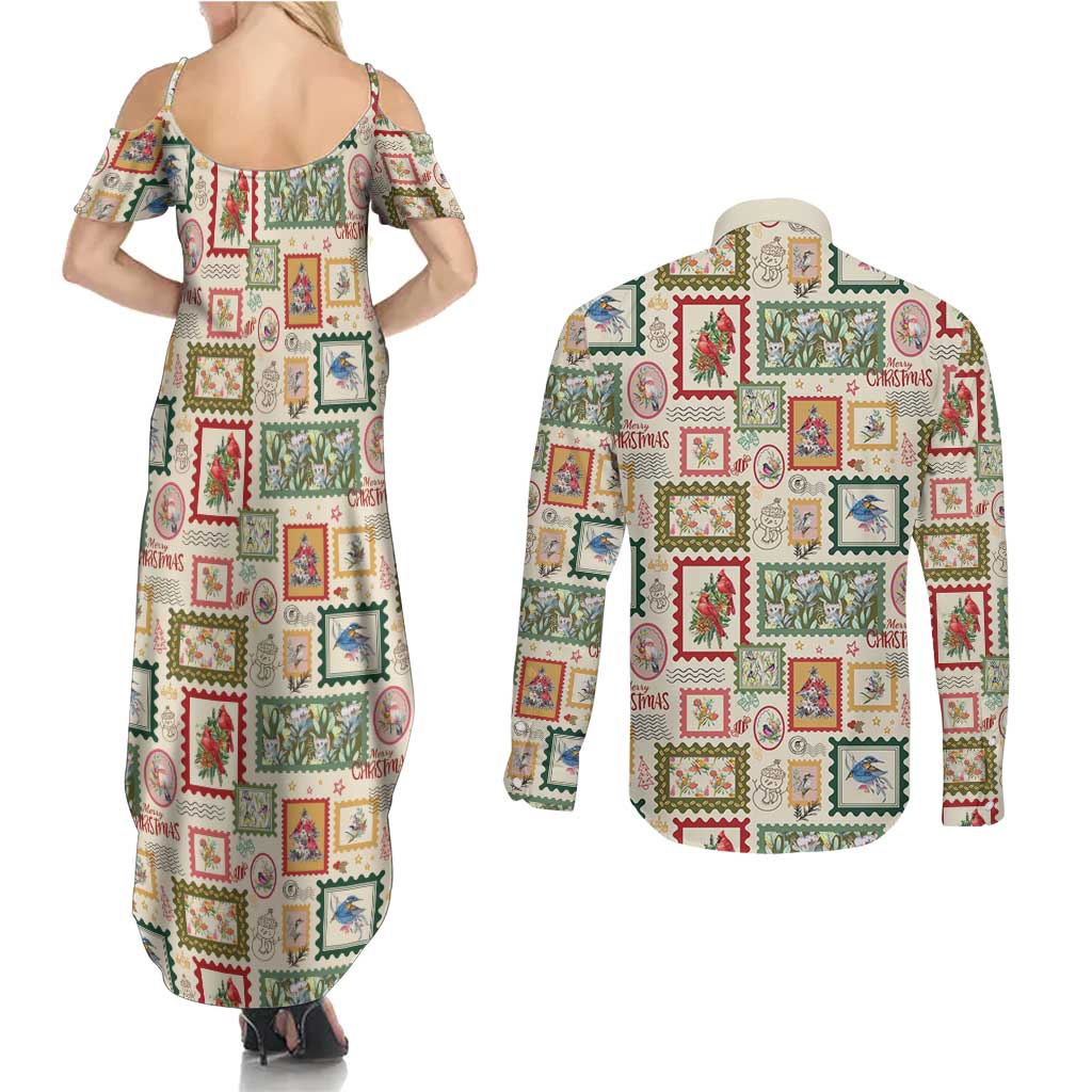 Aussie Birds Christmas La La Land Couples Matching Summer Maxi Dress and Long Sleeve Button Shirt Beige Vintage Stamp Edition - Aussie Hoodie