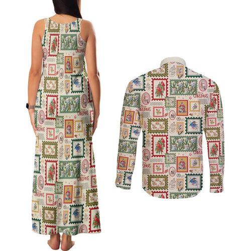 Aussie Birds Christmas La La Land Couples Matching Tank Maxi Dress and Long Sleeve Button Shirt Beige Vintage Stamp Edition - Aussie Hoodie