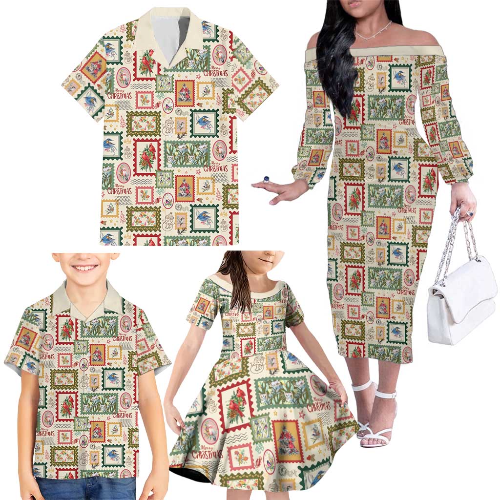 Aussie Birds Christmas La La Land Family Matching Off The Shoulder Long Sleeve Dress and Hawaiian Shirt Beige Vintage Stamp Edition - Aussie Hoodie