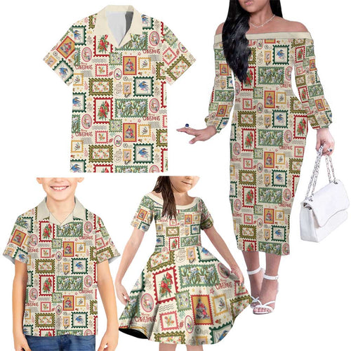 Aussie Birds Christmas La La Land Family Matching Off The Shoulder Long Sleeve Dress and Hawaiian Shirt Beige Vintage Stamp Edition - Aussie Hoodie